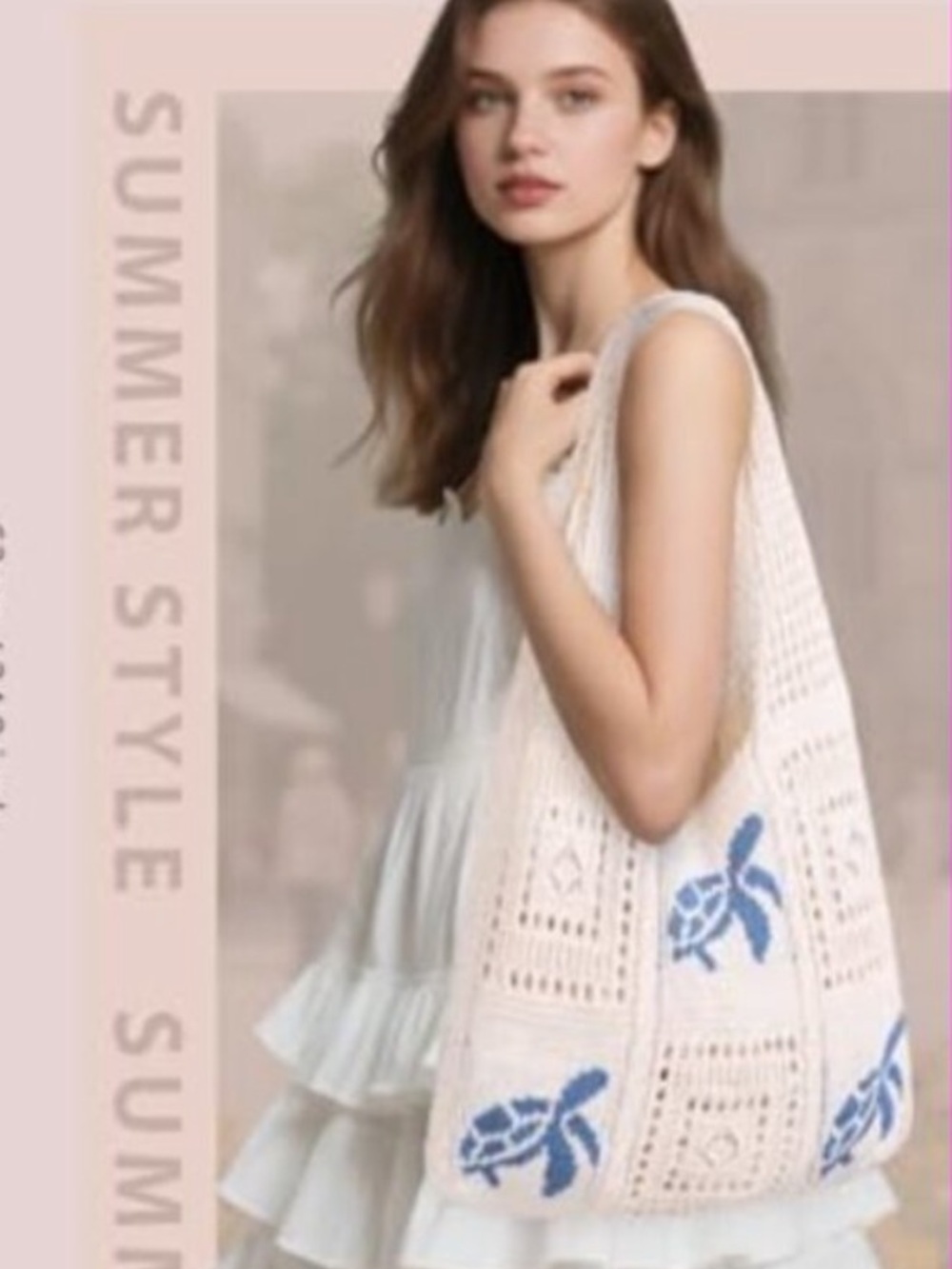CROCHET TOTE BAG with BLUE TURTLE ACCENTS - Picture 12 of 16